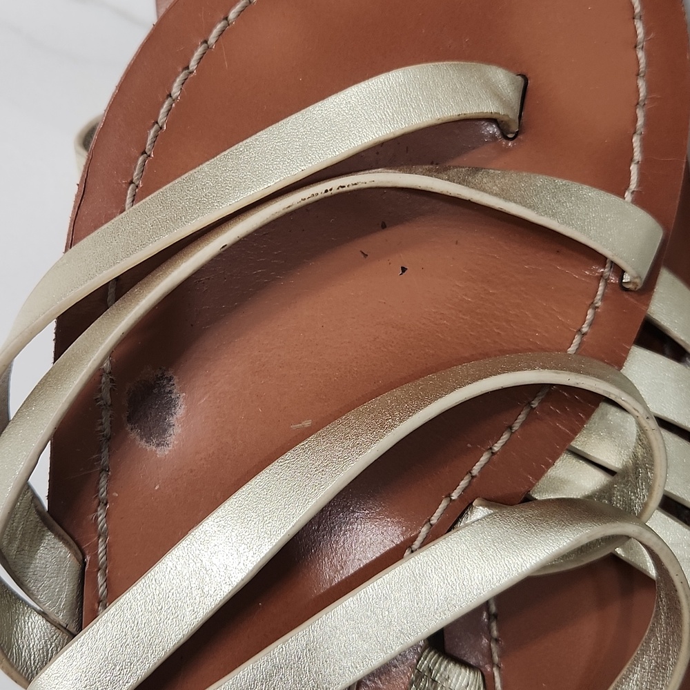 Tory Burch Gold Strappy Leather Sandals with Brown Footbed - Picture 3 of 11